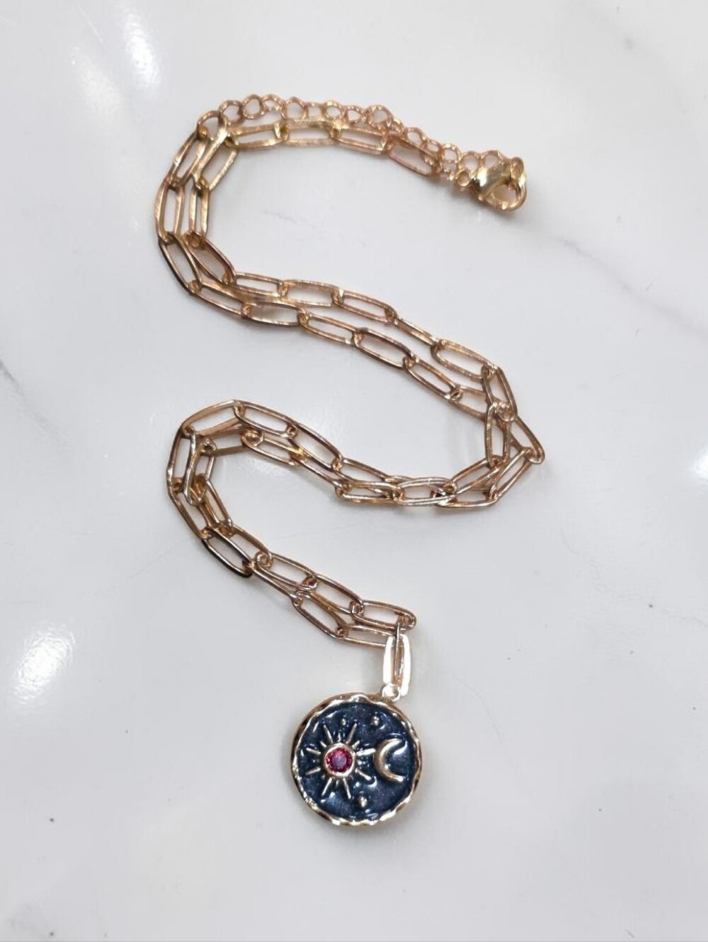 Sun Moon Celestial Coin Pendant Necklace Gold Paperclip Chain Boho Talisman NWOT